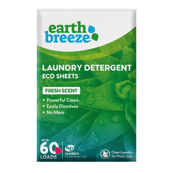 Earth Breeze Laundry Detergent Sheets - Fresh Scent - No Plastic Jug (60 Loads) 30 Sheets, Liquidless Technology