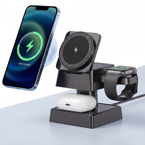 4 in 1 Wireless Charger Station, 15W Fast Charging with Adjustable Night Light for MagSafe Charger Stand - Black