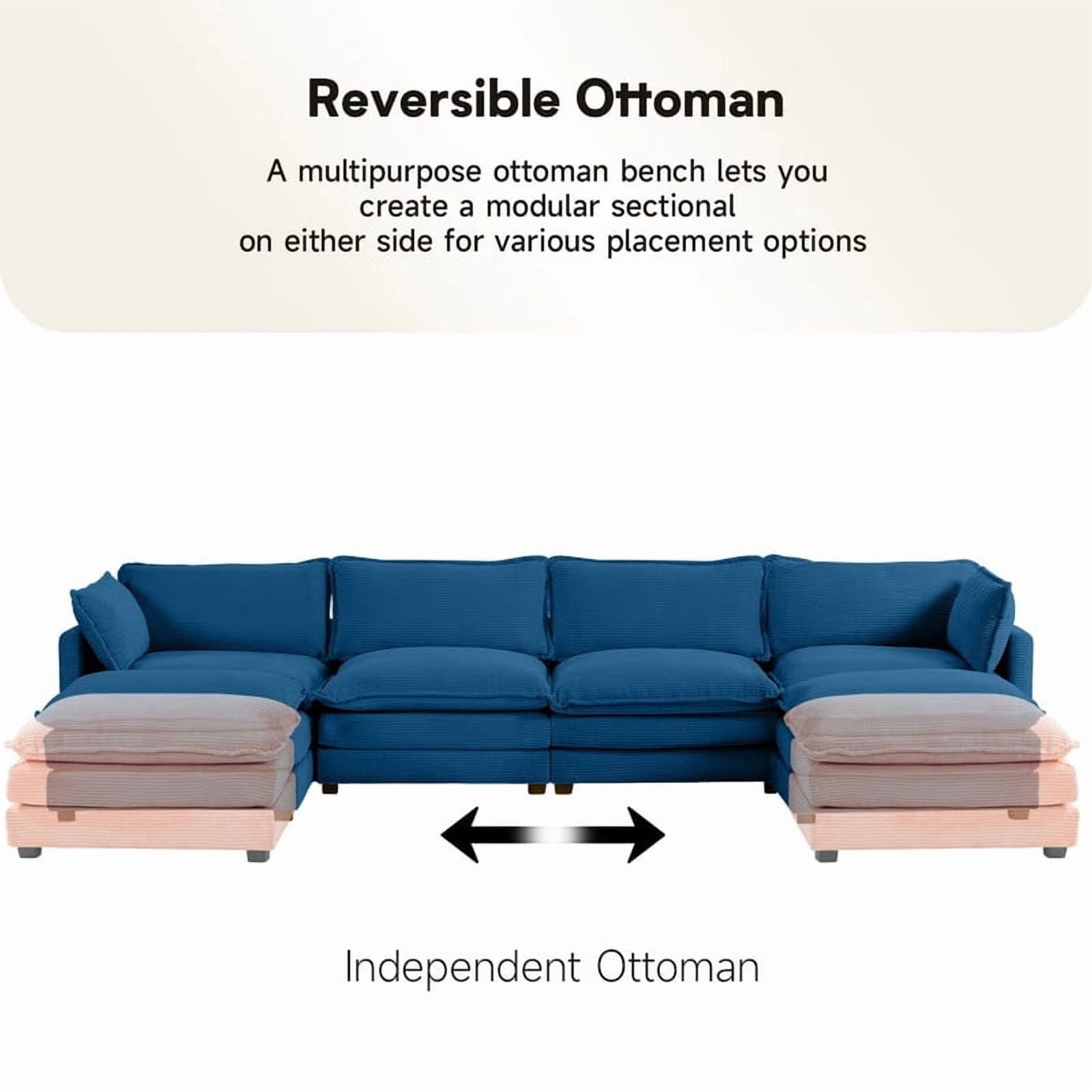 RIAFUN Sectional Cloud Couch with 2 Ottomans, Oversized U-Shaped Modular Corduroy Sofa, Convertible 4 Seat Sleeper Sofa Furniture Set for Living Room and Office, Navy