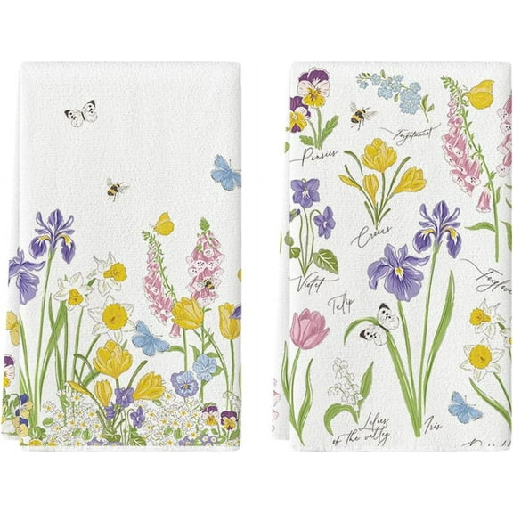 Floral Leaves Bees Butterfly Spring Kitchen Towels Dish Towels, 18x26 Inch Seasonal Summer Decoration Hand Towels Set of 2