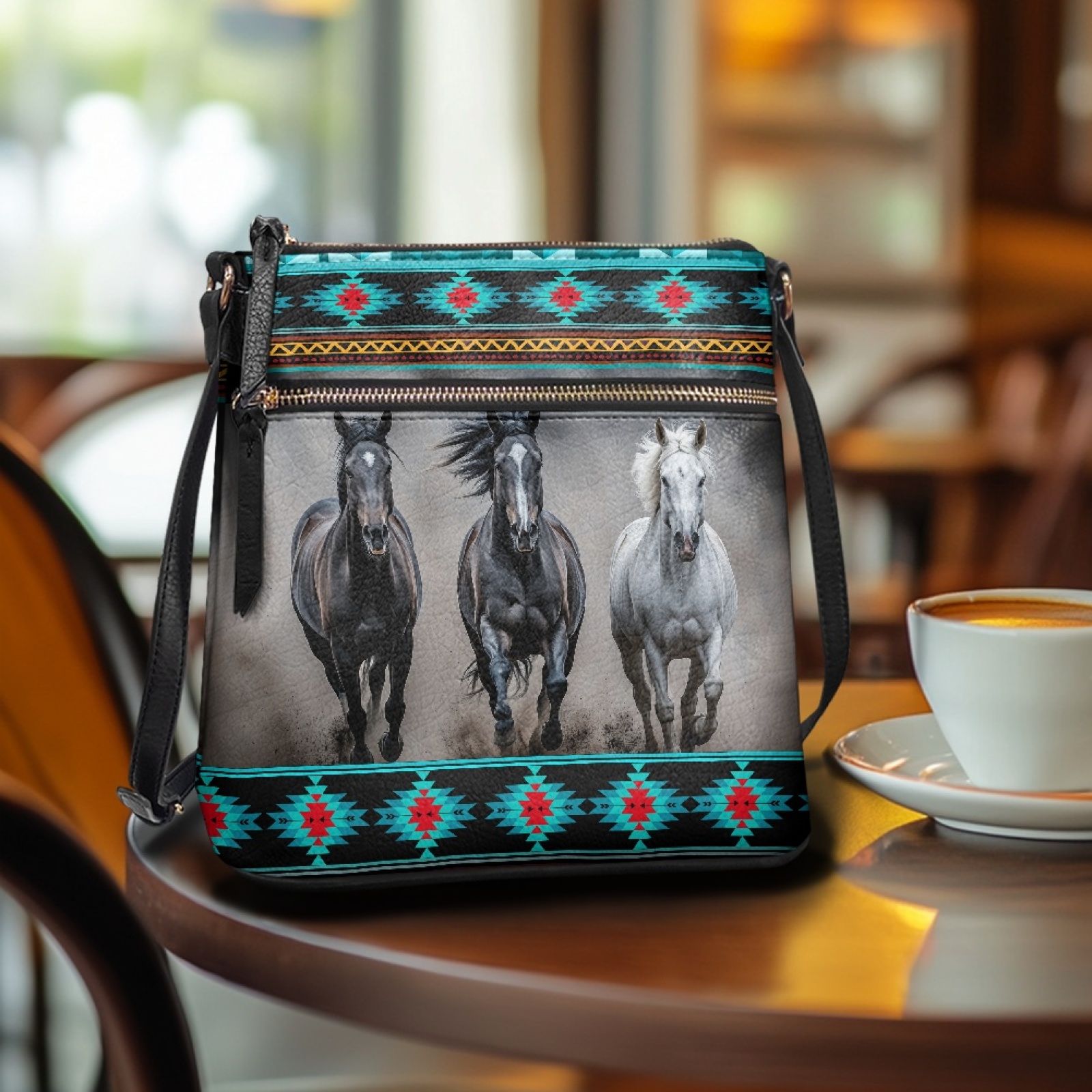 LedBack Aztec Horse Print Leather Women Hobo Bag Crossbody Satchel Purse with Adjustable Strap, Portable Sling Shoulder Purse Handbag Messenger Bag for Shopping Travel, Blue and Grey