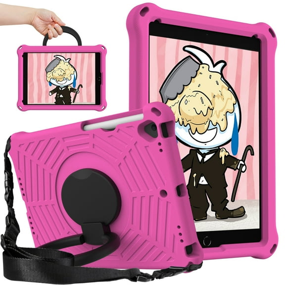 Kids Friednly Case for iPad 9th/8th/7th Generation 10.2 inch, EVA Foam Shoulder Strap Shockproof Protective Case with Pencil Holder Rotated Handle Bracket Stand Heat Dissipation Cover,Rose