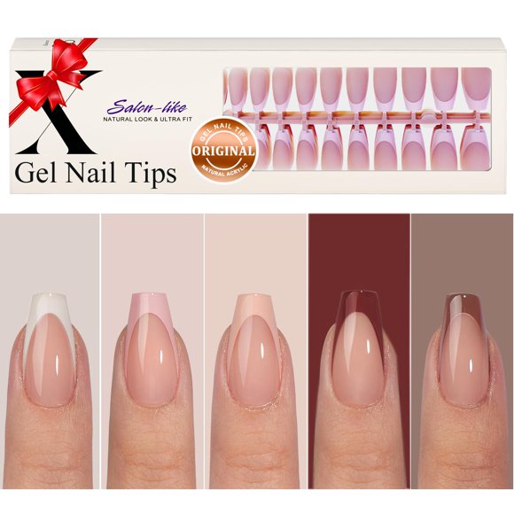 KQueenest Puntas de uñas de gel francés – Punta francesa multicolor para prensar en las uñas, puntas de uñas largas de ataúd, puntas de uñas de gel suave de bailarina, punta de gel natural nude, uñas