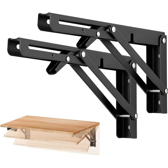 10 Inch Folding Shelf Brackets - Matte Black Collapsible Heavy Duty Brackets for Table Bench - Space Saving, 6 Pack