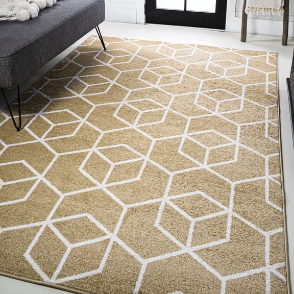 JONATHAN Y SUPERSOFT 8 x 10 Area Rug, Tumbling Blocks Modern Geometric - Gold/White, SEU101E-8