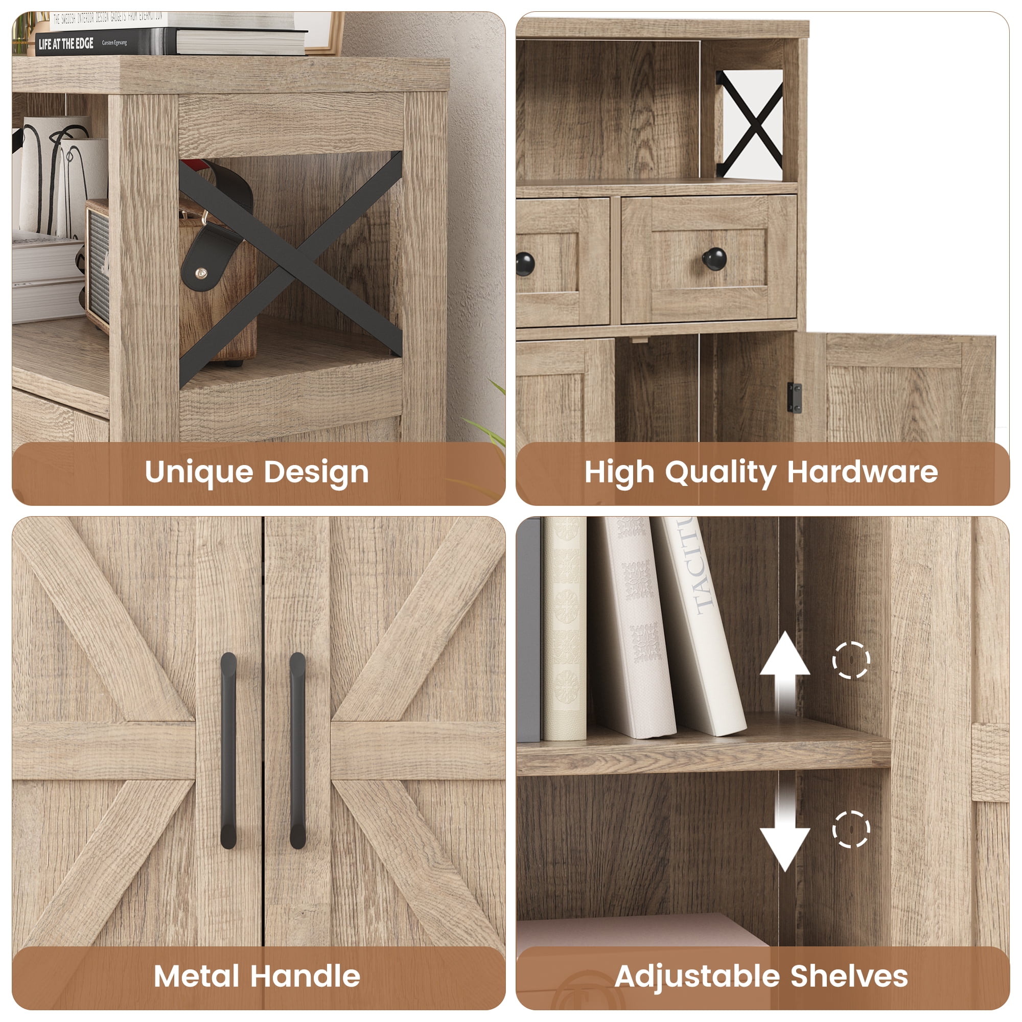 Farmhouse Storage Cabinet with Drawers and Shelves, Natural