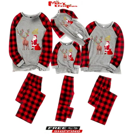 

Matching Family Pajamas Sets Christmas PJ s with Elk and Plaid Printed Long Sleeve Tee and Bottom Loungewear
