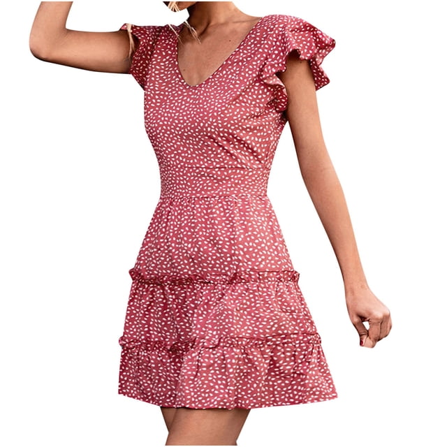 Birdeem Robe d'Été Femme à Pois Falbala Aguichant Sans Manches Col en V