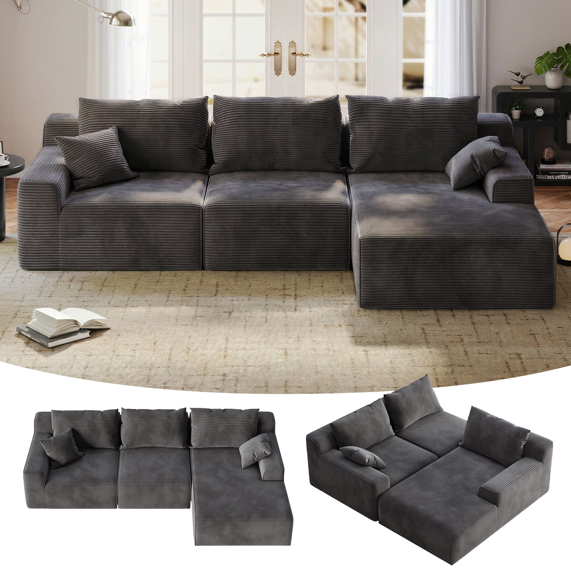 EnHomee Modular L-Shaped Couch for Livingroom Convertible Cloud Sofa  Boneless Sectional  Couch for Home, Grey(Corduroy)