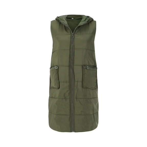 ZHOUCHANKIDS Women's Long Quilted Puffer Vest Sleeveless Hooded Button Down Padded Coats Jacket Outerwear with Pockets Green XL