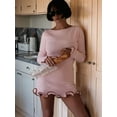 thumbnail image 4 of Women Elegant Ruffle Hem Knit Mini Dress Long Sleeve Contrast Color Patchwork Bodycon Short Sweater Dress Fall Pink L, 4 of 5