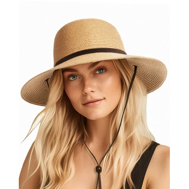 FURTALK Sombrero de sol de ala ancha para mujer con cordón de viento UPF Sombreros de paja de verano para mujer
