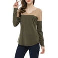 thumbnail image 3 of Camiseta casual de color bloque de manga larga con escote en V dividido para mujeres INSPIRE CHIC XL caqui, 3 of 7