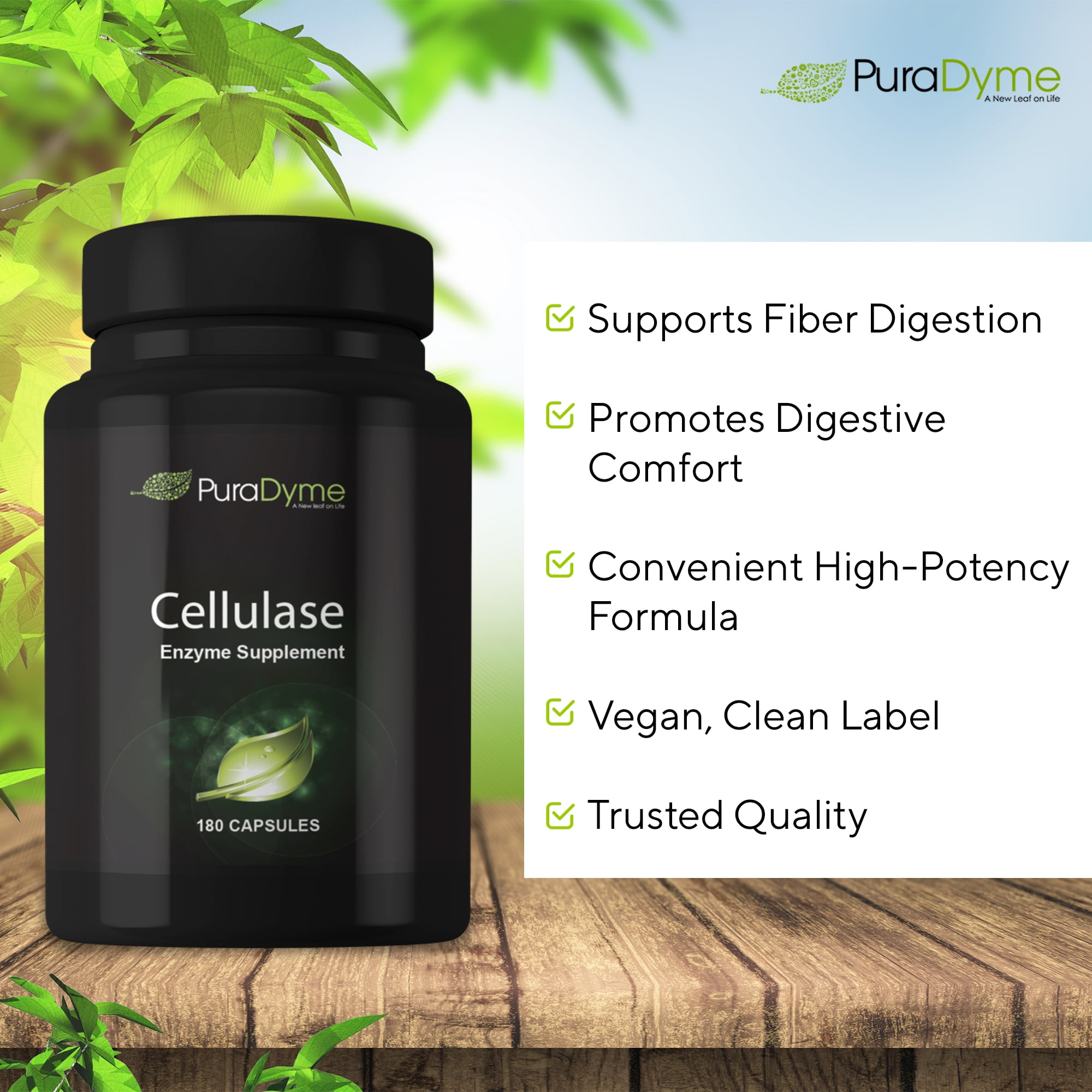 PuraDyme Cellulase Digestive Enzymes, Digestion Supplement for Women and Gut Health (180 Caps)