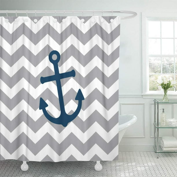 CYNLON Pattern Nautical Anchor Chevron Blue Grey Modern Bathroom Decor Bath Shower Curtain 66x72