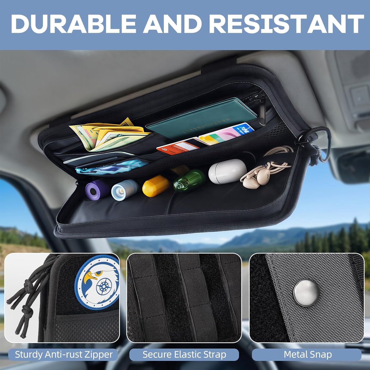 Car Sun Visor Organizer, Multi-Pocket Organizer Storage Pouch, Heavy Duty Molle Panel with Double Zippers, Elastic Bands & Glasses Clip, Tactical Pouch for Cars, SUVs, Trucks