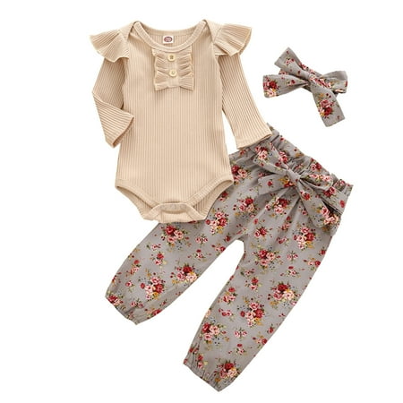 

Baby Girls Solid Ruffle Ribbed Romper+ Floral Pants Outfits Set