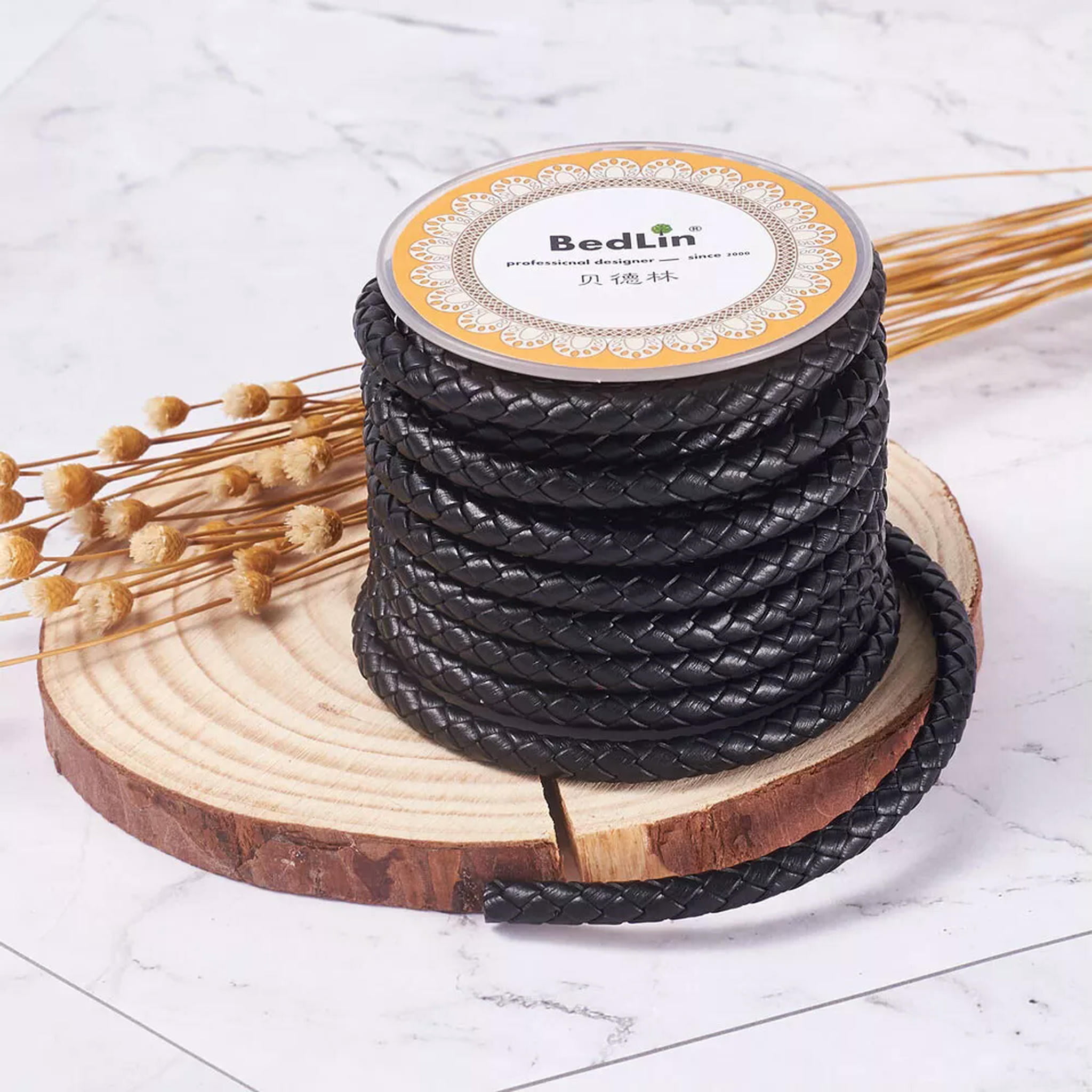 U8MO 4.37 yards(4m)/roll Black 5mm Braided Cowhide Leather Cords String for Bracelets