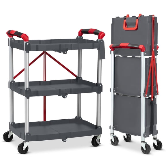 Garvee Rolling Cart,Carts with Wheels,Service Cart,3 Tier Foldable,for Office, Warehouse, and Home, 56 Lbs Load Capacity per Shelf,Grey & Red