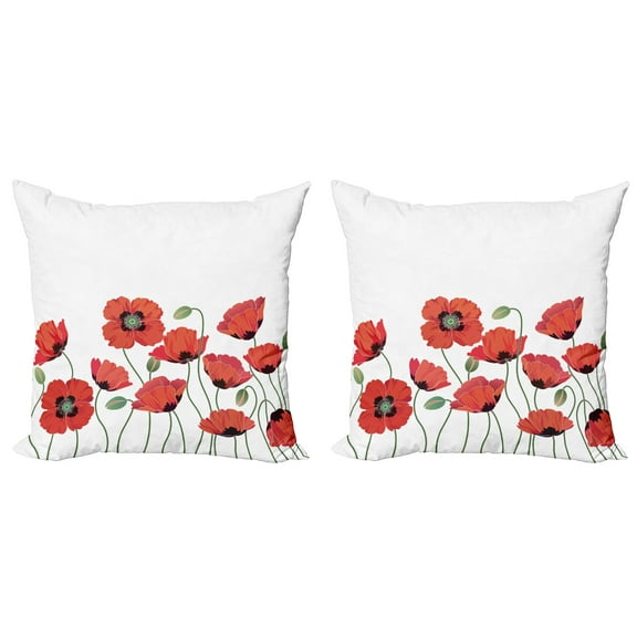 Ambesonne Floral Throw Pillow Cover 2 Pack, Natural Poppy Garden, 16", Orange Green
