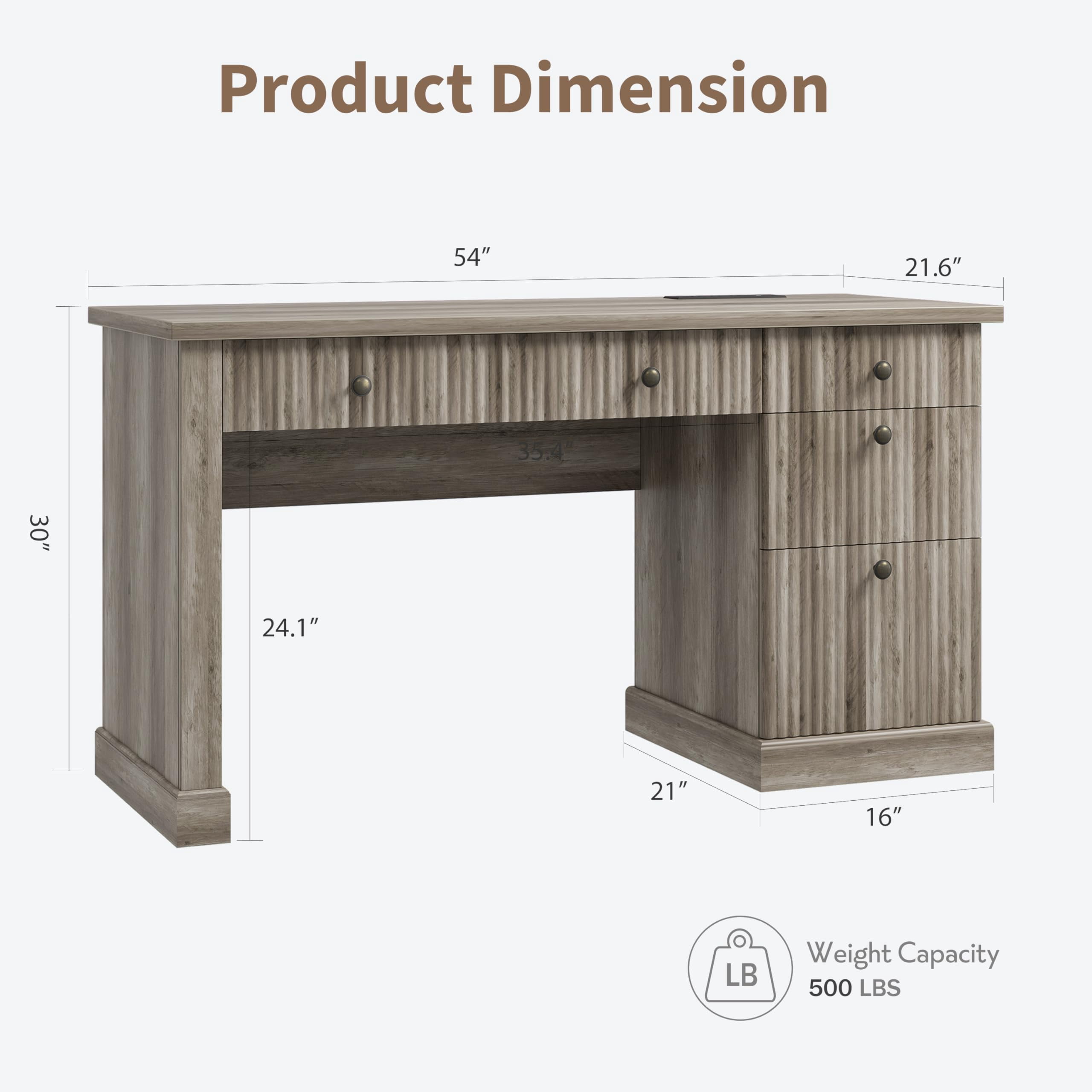 Garvee 54" Wood Executive Desk with Fluted Details & Charging Station – Home Office Computer Desk with File Drawers for Study, Living Room or Bedroom-Gray