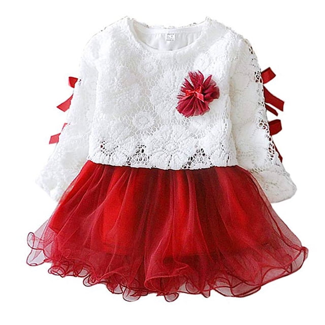 Vestido de princesa de encaje cómodo para niña, traje de manga larga (rojo, 70 cm)