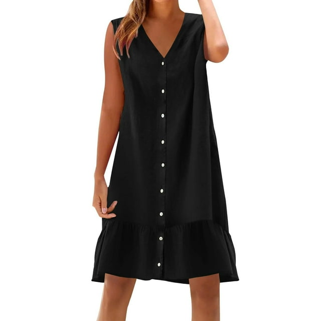 Dvprdro Robe d'Été Imitation Coton Lin pour Femmes Mode Décontractée Ample Couleur Unie Col en V Sans Manches Boutonnée Ourlet à Volants Robe de Plage Soleil