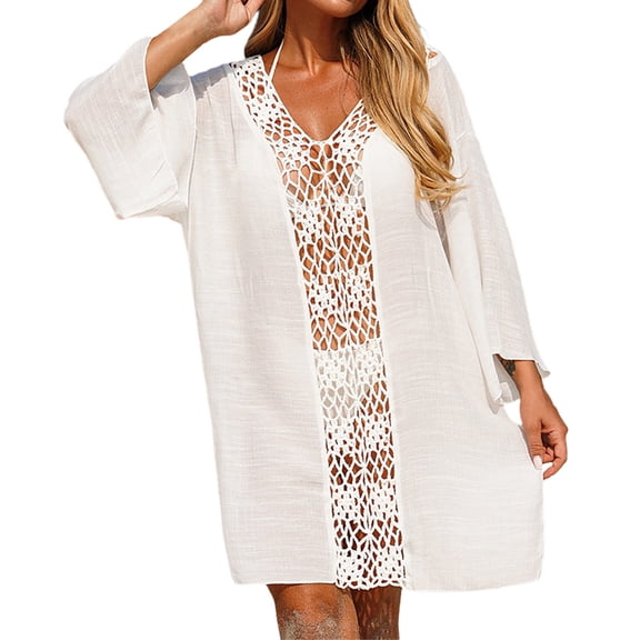 JIAYUE Womens Bathing Cover-Ups V Neck Hollow Long Sleeve Pure Color Plus Size Knee Length Swimsuit Coverup Comfortable Summer Loose Beach Crochet Design Bathing Suit Cover Up Dresses