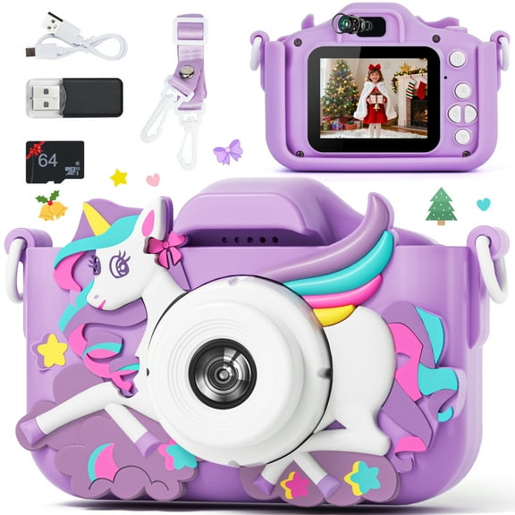 PayUSD Kids Camera for Girls Boys 1080HD Selfie Digital Cameras 64GB Video Toddler Unicorn Toys Christmas Birthday Gift Age 3-10, Purple
