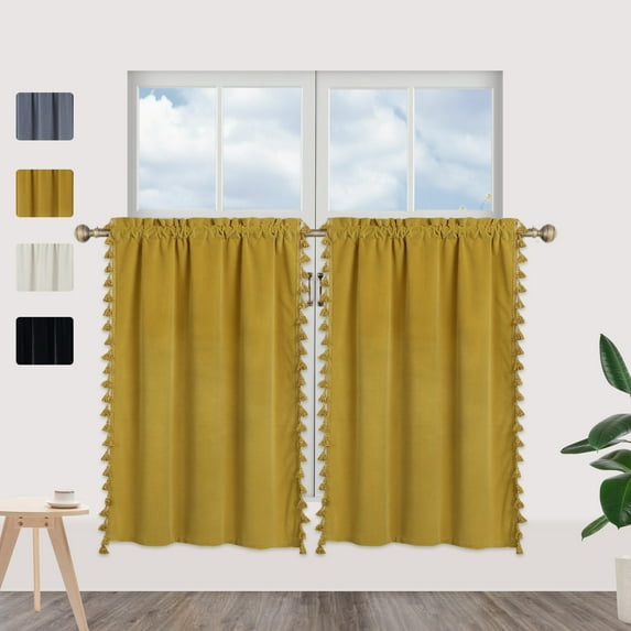 Haperlare Velvet Cafe Curtains 26" W x 36" L Boho Tassels Kitchen Window Curtain for Living Room Elegant Rod Pocket Window Treatment, Yellow, Set of 2