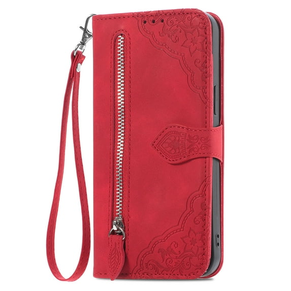 Compatible For Samsung Galaxy S22 Ultra Shockproof Zipper Card Flip Wallet Stand Case with Wrist Strap,Luxury Flower Pattern Embossed PU Leather Cover.For Samsung Galaxy S22 Ultra,Red