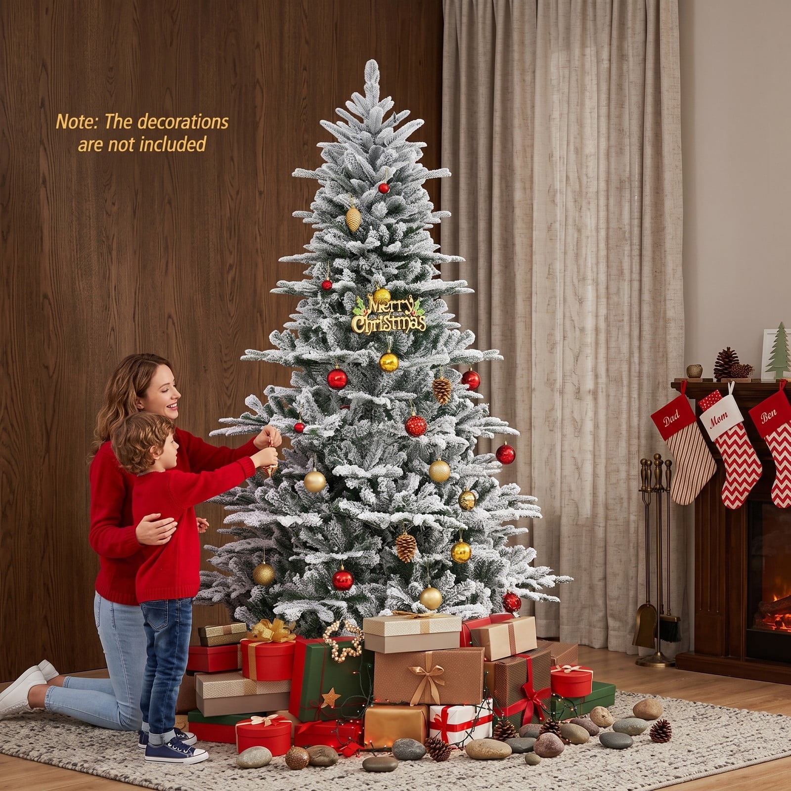 RUIE 7FT Snow Flocked Artificial Christmas Tree, Pre-Lit with 620 Cool White LED Lights, Remote & Timer, Hinged Metal Stand Holiday Tree, Green & White