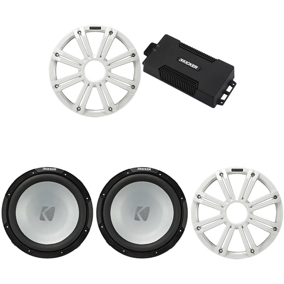 Kicker 48PXA6001 Weatherproof Powersport Mono Amp & (2) 12" 4 Ohm Free-Air Marine Subwoofer ( White Grill )