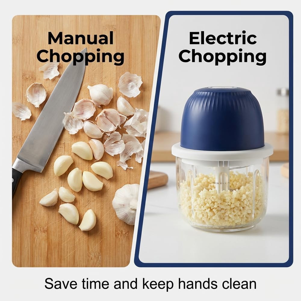 ABCISI Electric Garlic Chopper, Portable Mini Food Processor, Upgrade Cordless Chopper for Home Cooking, Rechargeable Onion Chopper for Kitchen Users (1 * Blue)