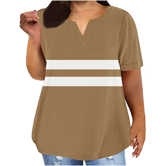 Lenpel Hauts Grande Taille pour Femmes Mode Été Manches Courtes Col en V T-Shirts à Rayures Color Block Tuniques Décontractées