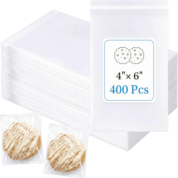 HUANOR 400 Pcs 4x6 Inch Cellophane Bags, Clear Resealable Cookie Bags with Self-Sealing Adhesive, Plastic Treat Bags for Cookies, Candy, Party Favors, Bakery Packaging & Gifts