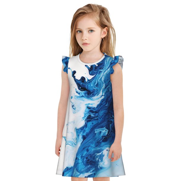 Balery Blue White Fluid Art Camisón de princesa para niñas, pijama de algodón con mangas abullonadas, suave y bonito.-Large