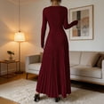 thumbnail image 6 of TIHLMK Women's Long Sleeve Crew Neck Bodycon Dresseses Shirred Waist with Pleated Maxi Skirt, 6 of 7
