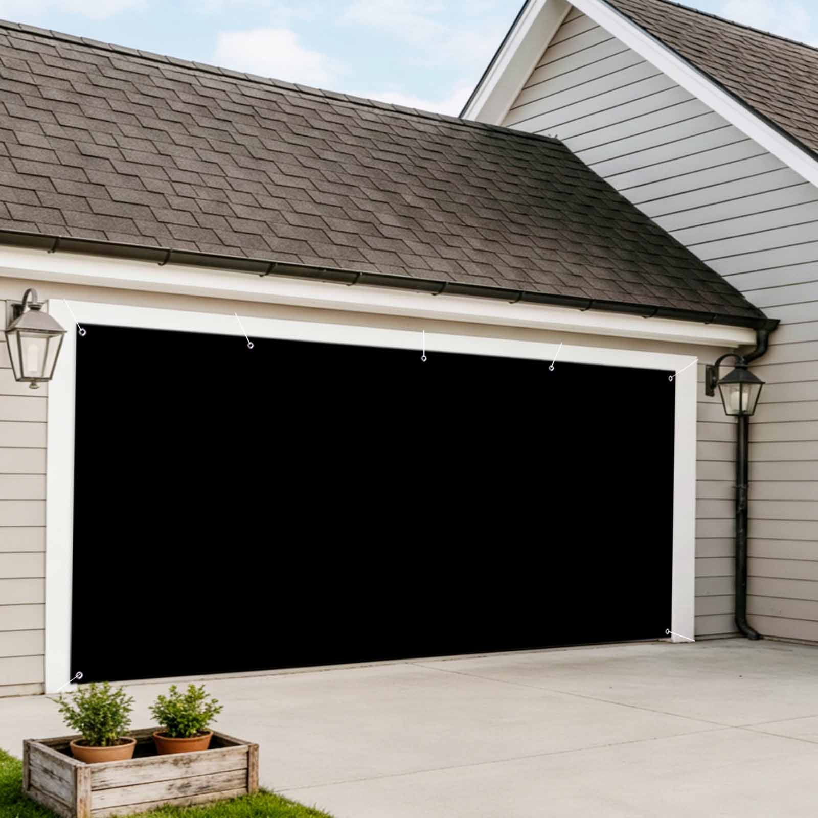 Black Garage Door Cover Banner 7 x 8 FT, Solid Color Farmhouse Black Garage Door Curtains Backdrop with Grommets for Indoor Outdoor Wall Party Porch Yard Decorations Background