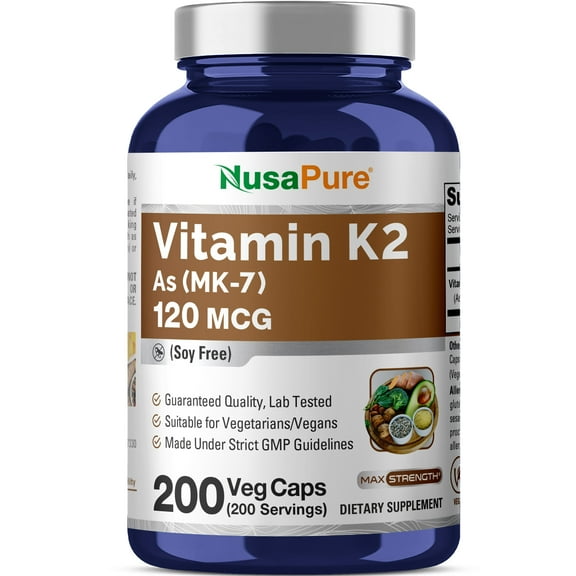 NusaPure Vitamin K2 MK7 120 mcg, 200 Veggie Capsules Non-GMO, Vegan, Dietary Supplement for Unisex Adult Health & Wellness
