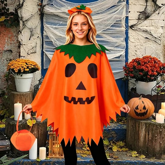Pumpkin for Women Adult,Pumpkin Poncho Halloween Set | One Size Fits Most,Pumpkin Poncho with Wool Beret,Candy Bag for Halloween Party(Orange-Cute,One Size)