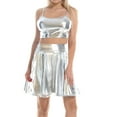 thumbnail image 6 of Women's 2Piece Metallic Outfit Shiny Off Shoulder Crop Top + Silver Mini Skirt Dress Alien Costume Rave Clubwear XL Silver - Cami, 6 of 8