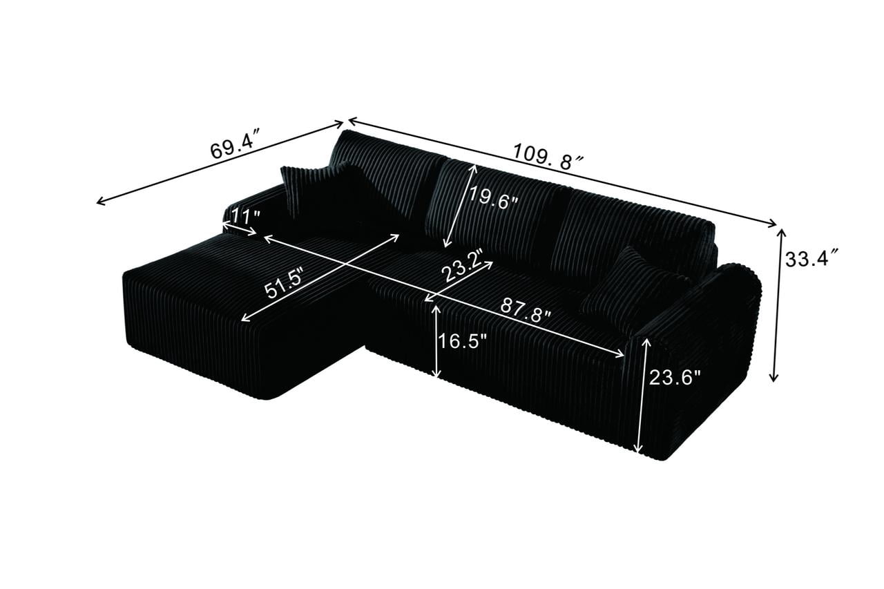 Shikeyi 109" Cloud Modular Sectional Sofa Couch with L-Shape Chaise,Modern Minimalist Upholstered Boneless Couches for Living Room Bedroom, Black