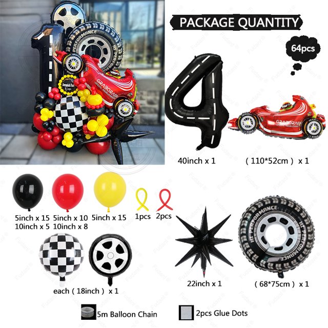 juego de 64 globos con temática de coche de carreras, camión, ruedas, neumáticos, decoraciones para fiesta de cumpleaños del 1.º al 9.º para niño, baby shower — arreglo frontal con globo foil coche rojo de carreras, globo foil número 4 negro tipo pista (40 in), globo foil rueda estilo neumático (68×75 cm), globo tablero de cuadros y racimo de globos rojos, amarillos y negros; incluye cadena de globos y puntos adhesivos, adecuado como fondo decorativo para mesa de pastel.