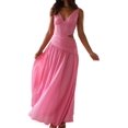 thumbnail image 3 of Women'S Long Drop Waist Ruched Summer Party Dress Flowy V Neck Cut Out Pleated Ladies Dresses Rose Red L, 3 of 9