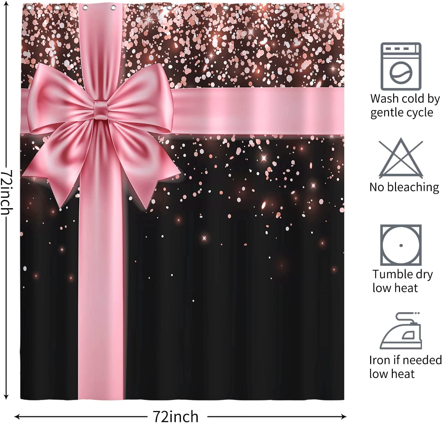 Rose Gold Glitter Bling Shower Curtain,Pink Bow Shower Curtain Bathroom Decor for Women Girl with 12 Hooks Christmas Birthday Elements Washable Durable Polyester Fabric 72x72 Inches