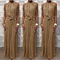 thumbnail image 3 of Mode Femmes Sans Manches Polka Dot Imprimé Ceinture Licou Fête Banquet Maxi Robe, 3 of 8