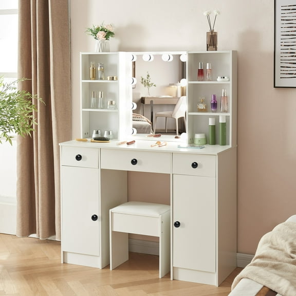 Teousev Vanity Set with Center Lighted Mirror & Storage, Stool, Makeup Desk with 7 Drawers, White