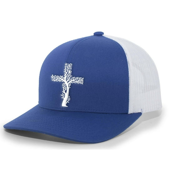 Mens Christian Hat Tree Cross Embroidered Mesh Back Trucker Hat, Royal/White