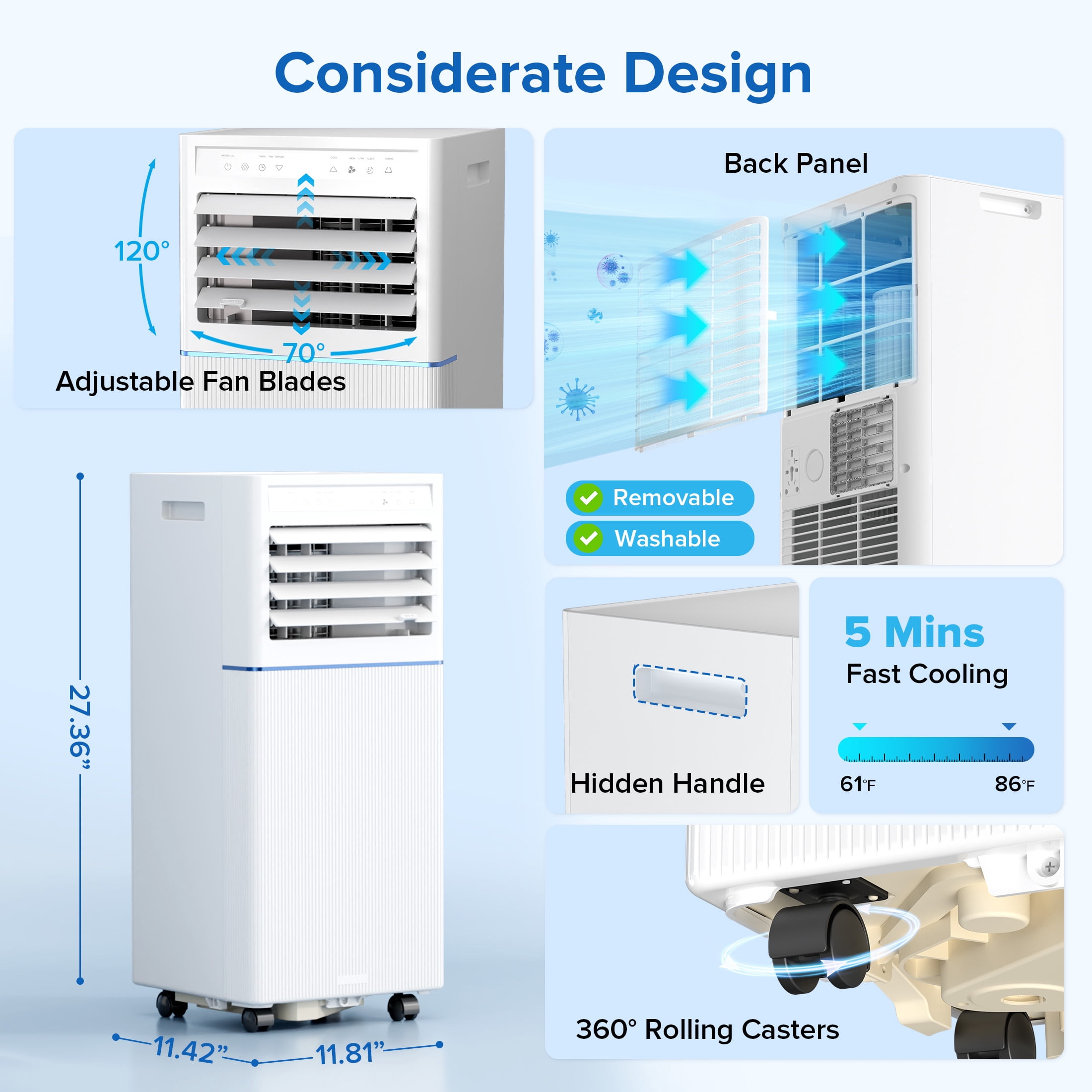 KISSAIR Portable Air Conditioner 10000 BTU Ashrae, 4-in-1 Portable AC, Dehumidifier & Fan with 24-Hour Timer/Remote Control/Windows Kit (White)